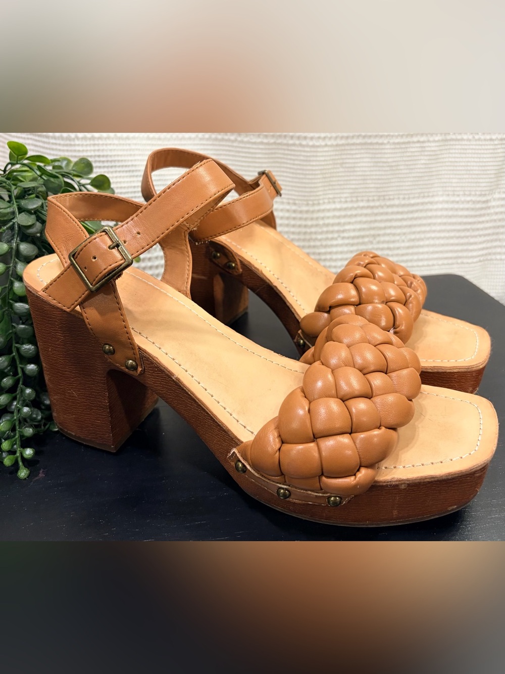 Madden NYC Braided Platform Sandals Tan Chunky Heel Ankle Strap